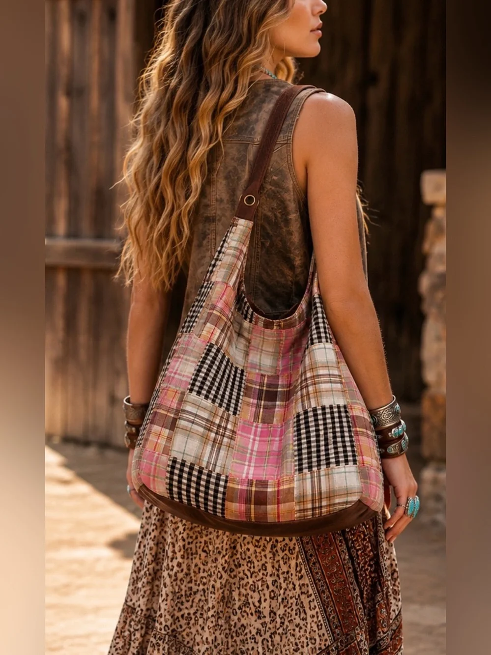 Bohemian 100% Cotton Patchwork Pink Plaid Shoulder Bag double sided
